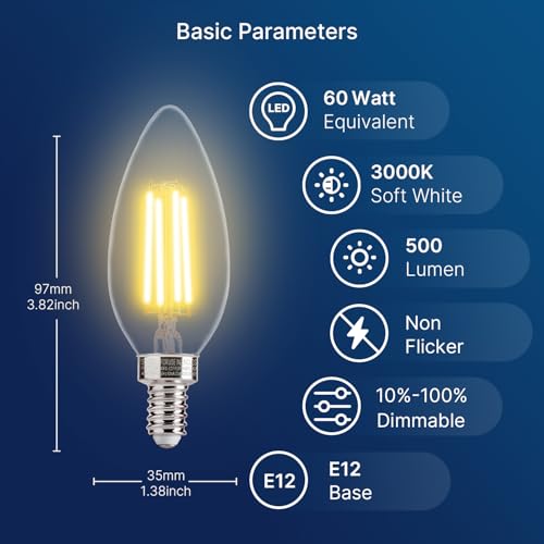 Image of FLSNT 60W Equivalent LED Chandelier Light Bulbs, Dimmable LED B11 E12 Candelabra Base Bulbs, 3000K Warm White, 500LM, 24 Pack