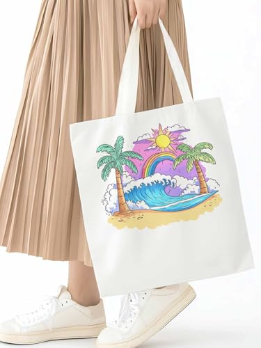 Canvas Tote Bag, Cartoon Ocean Rainbow Coconut Tree patterned Canvas Tote Handbags for Women Shoulder Bag,2
