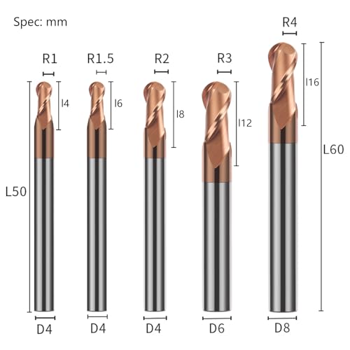 Image of 5PCS Ball Nose Carbide End Mill Set HRC55 CNC Cutter Router Bits 2 Flute Spiral Milling Tool Radius 1mm 1.5mm 2mm 3mm 4mm Milling Cutter