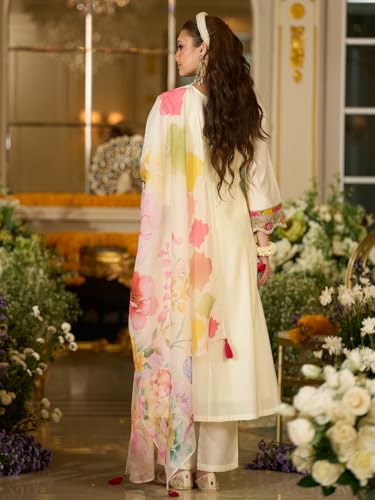 Image of INDO ERA Women's Silk Blend Floral Embroidered A-Line Kurta & Pant with Dupatta Set (IEOUT12374)