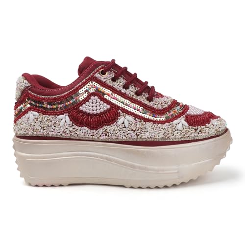 Image of LENSBURY Women Hand Embroidery Wedding Party Bridal Floral High Heel Sneakers I Cushioned Insole I Comfortable Wear Wedge Shoes I for Ladies and Girls LBCNV4037