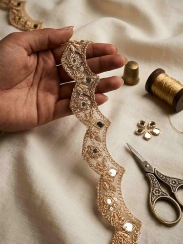 Image of Strala Golden Color Laces for Dresses, Sarees, Lehenga, Suits, Bags, Decorations, Borders, Crafts and Home Decor,Blouse (3 mtr) Design-117 (Golden Scalping 9 Meter)