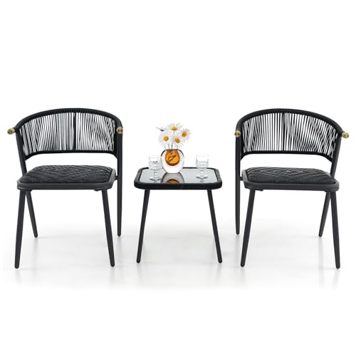 LIFEZEAL Ensemble Meubles de Jardin en Rotin 3 Pièces, Salon Extérieur pour 2 Personnes, 2 Chaises de Balcon & Table d'appoint en Verre, Fauteuil de Terrasse...