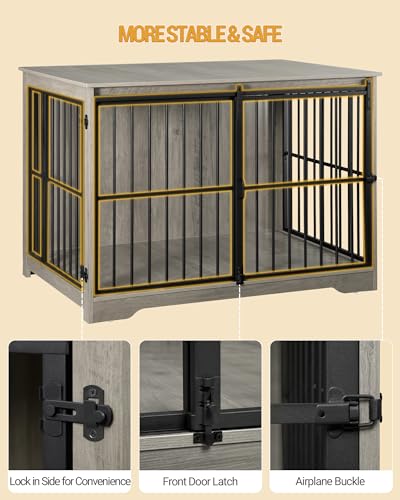 XL Large Dog Crate Furniture, 44.1" Indoor Dog Kennel Furniture with Barn Door, Wooden Tall Dog Crate, Heavy Duty Dog Cage for Large Dogs, Side End Table, Anti-Chew, Greige Black DFC80105B