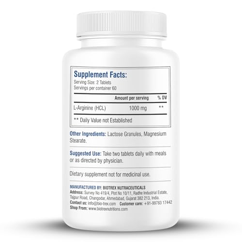 Image of Biotrex Nutraceuticals L-Arginine 1000mg Supplement | Nitric Oxide Booster & Muscle Growth | Blood Flow & Heart Health | Pre Workout | Non-GMO | 120 Tablets