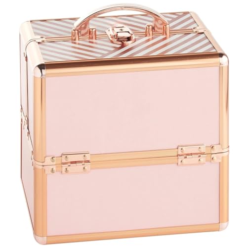 Image of ADSON Nylon Professional Makeup Box Cosmetics Case Jewelry Organiser Vanity Make Up Storage Box Beauty Train Case Lockable with Keys (Striped Rose Gold)
