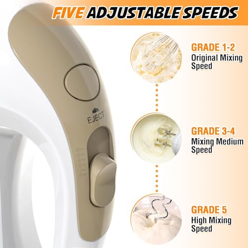 Image of Showvigor Electric Hand Mixer with 5 Stainless Steel Whisks,5 Speed,White2 | Portable Kitchen Mixer Electric Whisk, Food Beater for Whipping Mixing Cookies