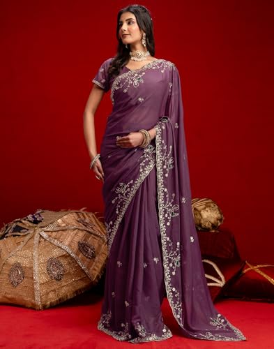 Image of SIRIL Women's Georgette Embroidery Saree With Unstitched Blouse