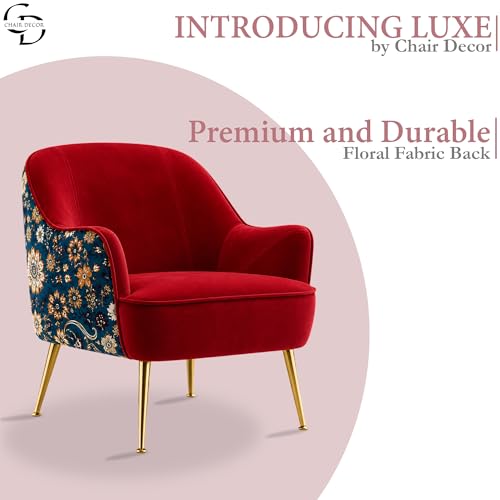 Image of Accent Chair with Ottoman | Modern Velvet Lounge Chair with Floral Designer Back | Upholstered Armchair for Living Room, Bedroom & Cafe | Golden Legs (Red Floral)