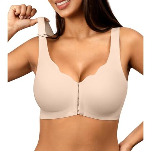 SHARICCA Women's Jelly Front Closure Bra Wireless Full Coverage Seamless Surgical Mastectomy Compression Padded Bras for Older,Skin,L