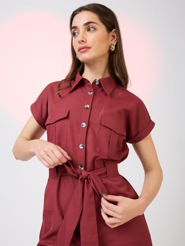 Image of Globus Women Olive Solid Shirt Collar Jumpsuit with Waist Tie-Up-3638458001
