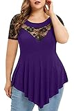Chvity Plus Size Tunic Tops for Women Crewneck Casual Short Sleeve Lace Blouse Cotton T-Shirts 18W Purple