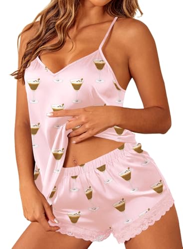 Image of Ekouaer Satin Pajamas Women Lace Sleepwear Lingerie Cami Shorts Set Nightwear XS-XXL