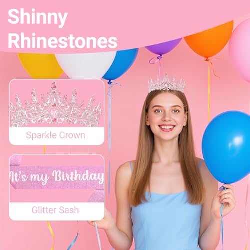 Birthday Tiara and Crown with Sash, Birthday Tiara for Women Party (Pink)