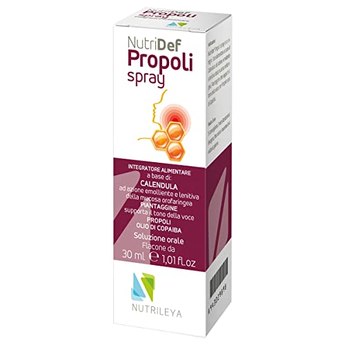 Nutrileya Propoli Spray Gola Naturale, 30ml, con Calendula, Piantaggine e Olio di Copaiba, Sollievo per Mal di Gola e Abbassamento Voce, Spray Gola Bambini e Adulti