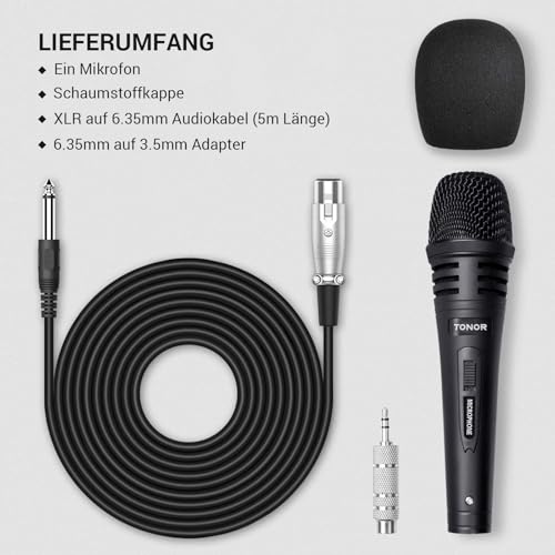 TONOR Dynamischer Mikrofon mit 16ft/5m XLR Kabel, 6,35mm Klinke Handmikrofon Microphone kompatibel mit Karaoke Maschine, für Bühne, Studio, KTV & Heimgebrauch Audio – Bild 4