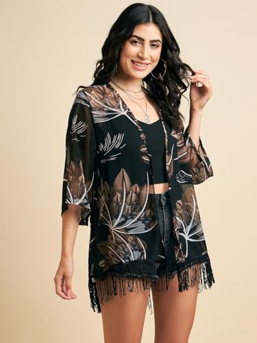 Image of Azira Georgette Floral Printed Front Open Shrug |Black Color|Short Length | Western & Casual Wear| Summer Wear | Shrugs for Woman Stylish