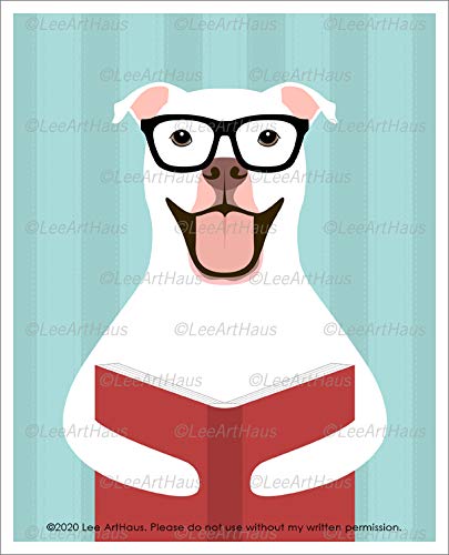 757D - White Pit Bull Dog Reading Book UNFRAMED Wall Art Print by Lee ArtHaus