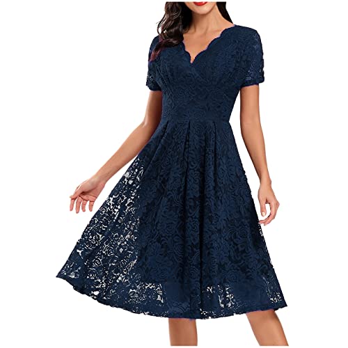 Summer Floral Lace Dress for Women Cocktail Trendy Short Sleeve Sundress A Line Swing Party Gown V Neck Flowy Dresses