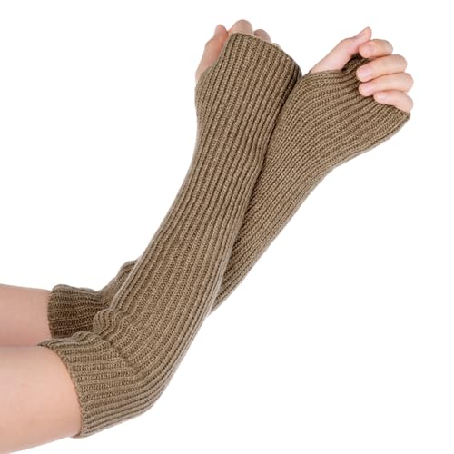 Lystaii Arm Warmers Women Long Sleeve Fingerless Gloves Y2K Knit Mitten Winter Arm Sleeves for Cool Girls Cute Kawaii Japanese with Thumb Hole Gloves (khaki)