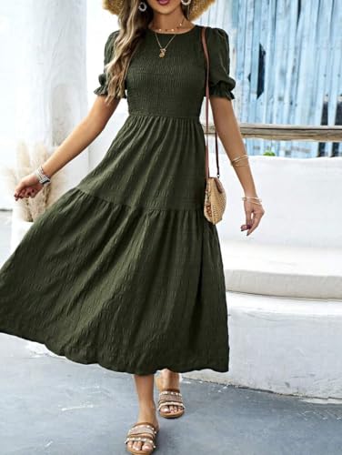 LIGHT DOT Women's Maxi Modest Dress 2025 Ruffle Puff Short Sleeve Smocked Tiered Casual Flowy4