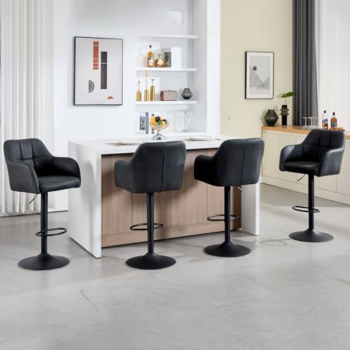 Butacos giratorios de barra, set de 2 unidades, estilo moderno, tapizados en cuero sintético, altura ajustable de 24 a 33 pulgadas, con reposabrazos y reposapiés, para isla de cocina/barra/comedor/bistró, gris oscuro miniatura 7