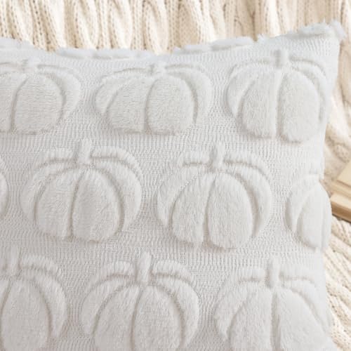 Image of decorUhome Fall Decorative Cream White Pumpkin Throw Pillow Covers 20x20 Set of 2, Soft Faux Fur Plush Farmhouse Accent Pillow Cases for Couch Bed Sofa Autumn Harvest Halloween Holiday Home Decor