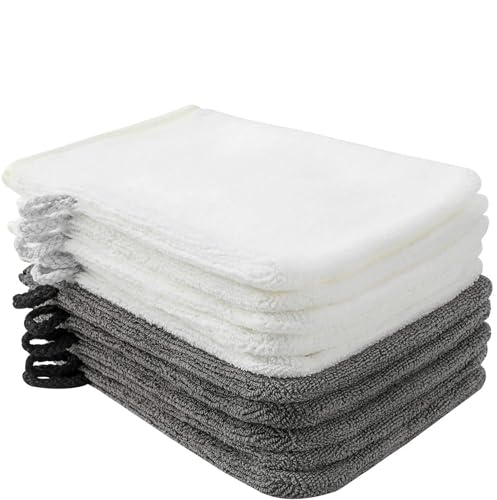 PHOGARY Paquete de 10 Piezas de Manoplas de baño Guantes para lavarse tamaño 15x21 cm con Cordón, Microfibra Premium de Color Gris Antracita y Blanco