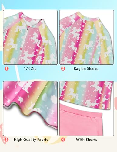 Image of Girls 2 Pieces Rash Guard Swimsuit 1 /4 Zip Long Sleeve Bathing Suit Set Kids Swimwear with Sports Shorts