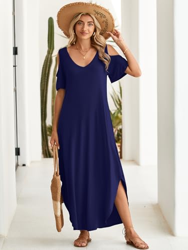 Image of BELAROI Womens Cold Shoulder Maxi Dress Plus Size V Neck Summer Sundresses with Pockets Beach Coverup Vacation Outfits