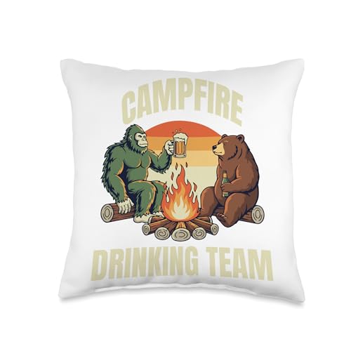 Funny Campfire Drinking Team Sasquatch and Bear Bonfire Throw Pillow