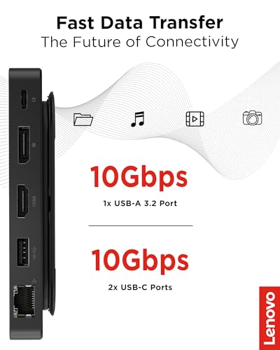 Image of Lenovo USB-C Dual Display Travel Dock w / 100W Power Adapter - 7 Ports, Integrated USB-C Cable, Universal Compatibility, Dual Displays at 4K - Black