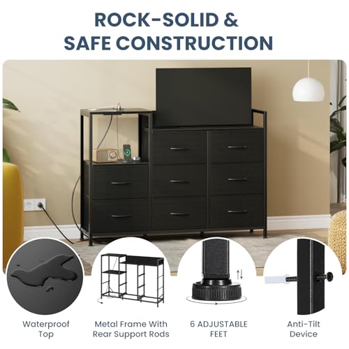 Image of DUMOS TV Stand Dresser with 8 Fabric Drawers & Open Shelf, TV Stand with Wooden Top, Entertainment Center with Charging Station for Living Room, Hallway, Black
