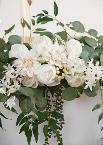 Misspin 8Ft Eucalyptus And Willow Leaf Garland With Artificial Flowers Fake Flower Peony Rose Vine Greenery Decorative Wall Hanging Plant For Wedding Arch Backdrop Door Arrangement Party Decor (White) #TOP2