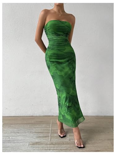 Image of GORGLITTER Women's Floral Strapless Bodycon Wedding Guest Dress Vacation Summer Birthday Tropical Maxi Long Sun Dresses