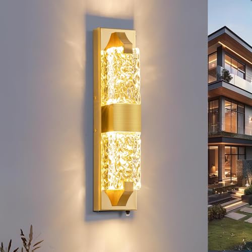 Image of 18.5 inch Gold Outdoor Wall Light Fixture,12W Dusk to Dawn LED 1-Pack | IP65 Waterproof, Ripple Crystal, Hardwired Modern Exterior Sconce, Auto On /Off, for Porch Patio Hallway Entryway House