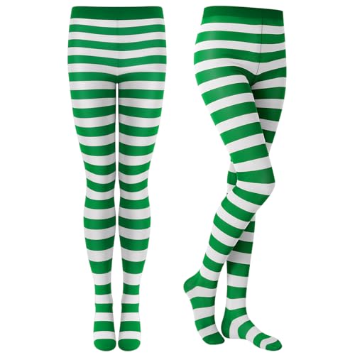 Tatuo 2 Pairs Rainbow Striped Tights Leggings for Women Striped Footed Pantyhose Socks Stocking(Green White)