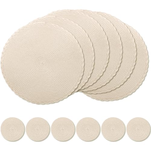 Round Woven Placemats Set of 6, 34 cm Kitchen Coffee Table Mats with Coasters Heat Resistant Wipeable Table Placemats for Dining Table, Home, Restaurant, Hotel, Cafes (Apricot)