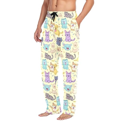 Men's Cute Cat Pajama Pants with Pockets - Straight Fit Cotton Sleep Bottoms for Lounge & Nightwear#7184