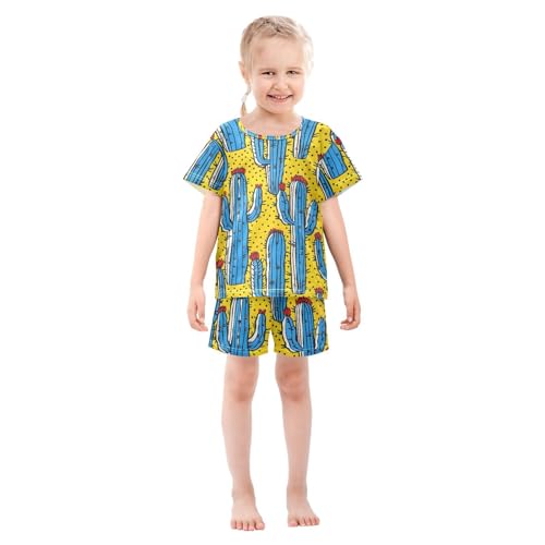 ALAZA Blue Cactus Yellow Pajamas Short Sleeve 2 Piece Sleepwear Top and Bottom Pajama Set Unisex3