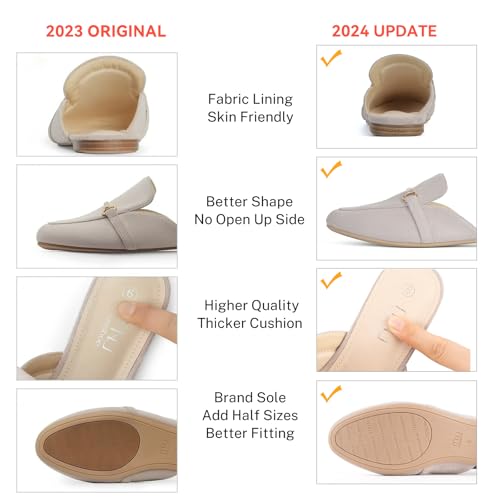 Image of MUSSHOE Gold Buckle Mules for Women - Comfortable Memory Foam Loafers, Classy Slip On Flats for Office Business Casual, Dressy Pointed Toe Shoes