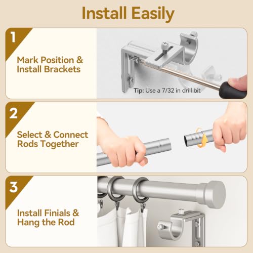 Image of YaFex Curtain Rods 2 Pack 32-84 Inch, Heavy Duty 1 Inch Curtain Rod, Silver Long Adjustable Window Treatment Rods, Modern Design, Easy Installation