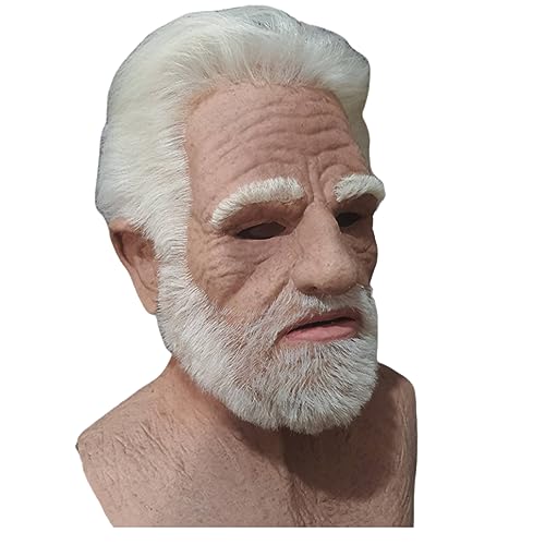 Masque de vieil homme d'halloween avec rides du visage et barbe blanche en latex