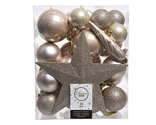 Weihnachtskugeln mit Christbaumspitze Stern Kunststoff 33er Set bruchsicher Champagner Perle beige Cover