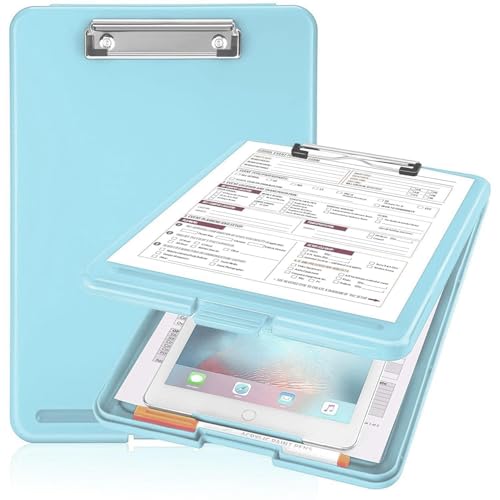 Image of YAJNAS A4 Foldable Plastic Clipboard with Built-in Storage and Pen Holder, Blue, 9.4 x 13.4 Inches / 24 x 31 cm, for Office, Travel, Students, Teachers, Doctors, Nurses, Professionals (Sky Blue)