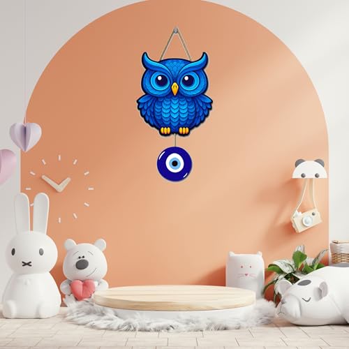 Image of Genxtra Blue Owl Wall Hanging with Evil Eye Charm | Wooden Home Decor for Positive Energy & Protection | Perfect Wall Art for Living Room, Bedroom, Office & Gift for Housewarming or Diwali