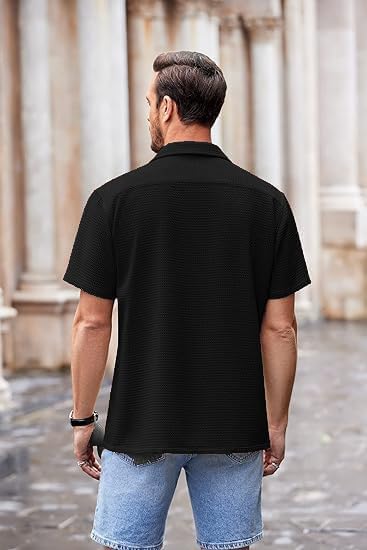 Image of Casual Waffle Knit Shirt for Men Stylish Half Sleeve Mens Shirts M to 3XL