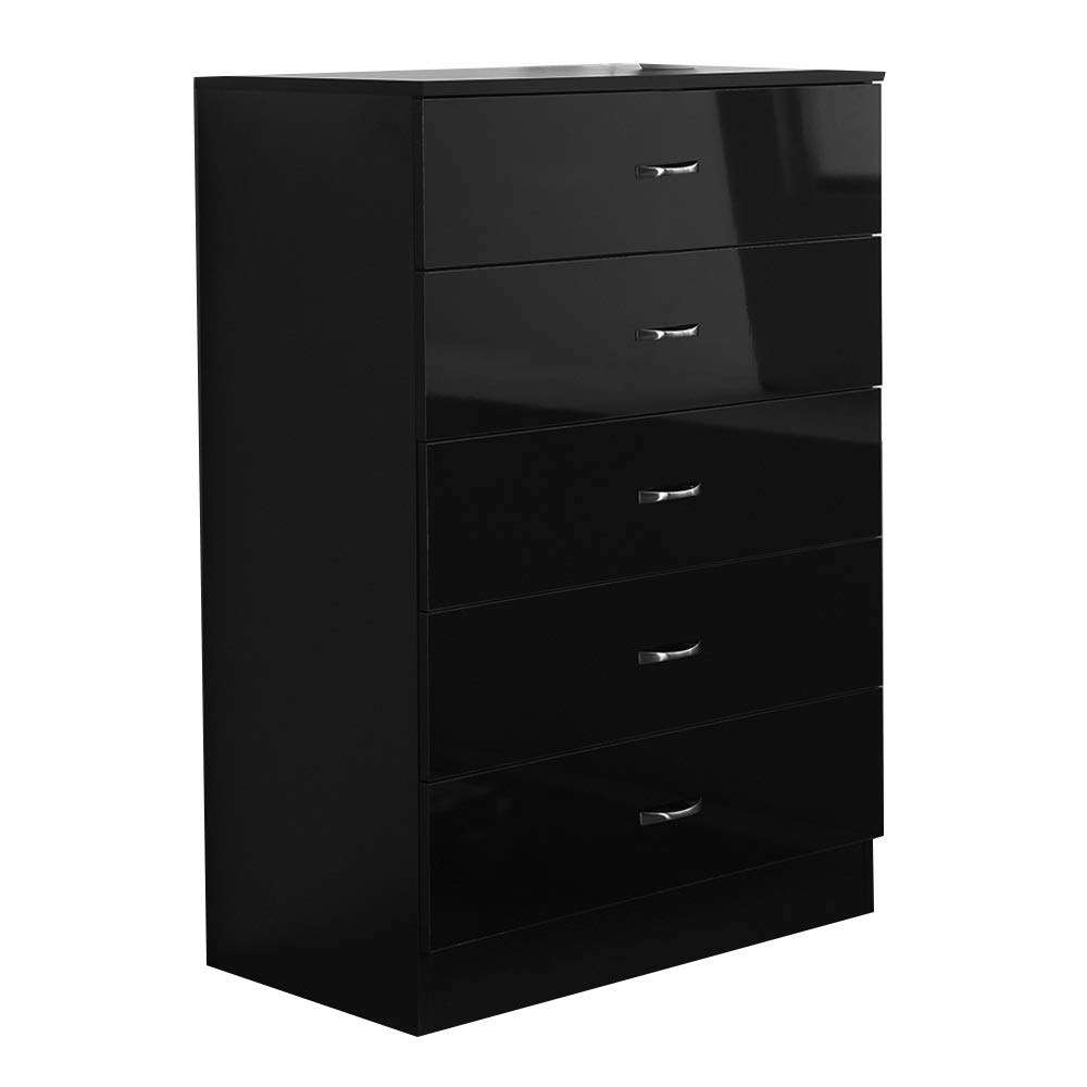 Black High Gloss Large 5 Drawer Tall Bedroom Chest Matt Frame. Metal Handles