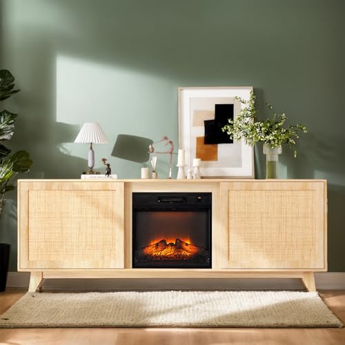 Bonnlo Electric Fireplace TV Stand with Rattan Doors, Fireplace TV...