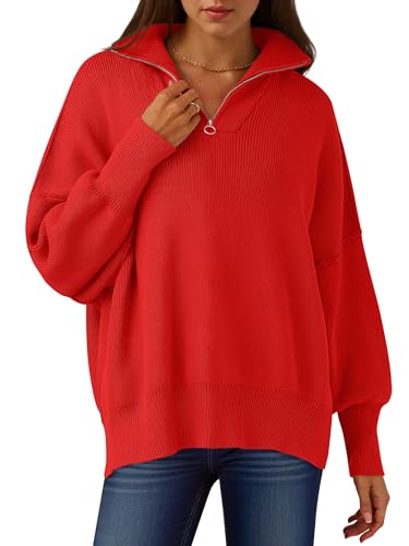 Image of ANRABESS Womens Oversized Quarter Zip Pullover Sweaters | Fall Fashion Outfits, Long Sleeve Slit Side, Baggy Loose Fit, 1 /4 Zip Lapel Collared, Ribbed Knit Soft Warm Winter Clothing